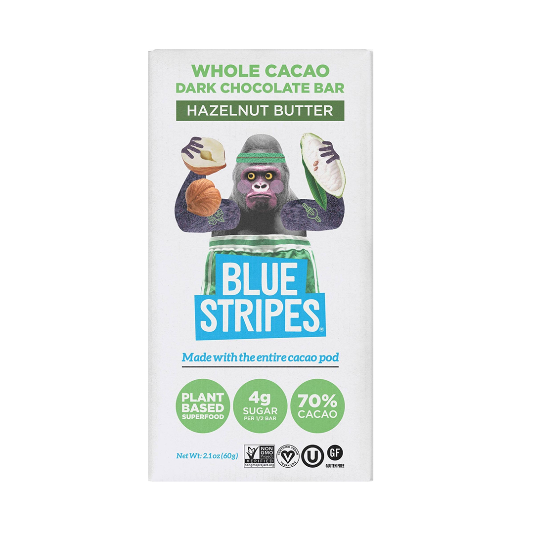 BLUE STRIPES, WHOLE CACAO DARK CHOCOLATE BAR, HAZELNUT BUTTER
